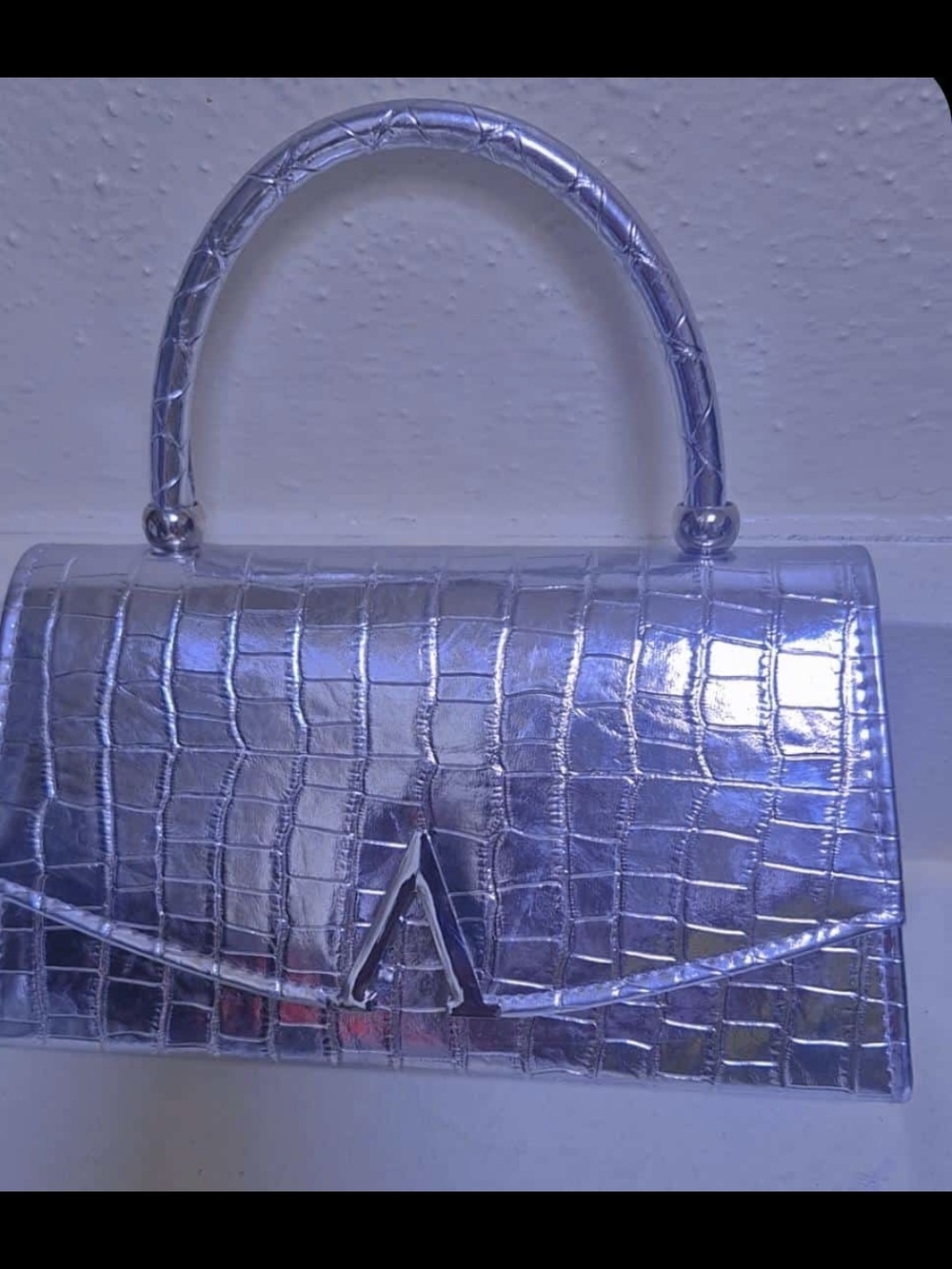 Metallic Silver Croc-Embossed Mini Top Handle Bag